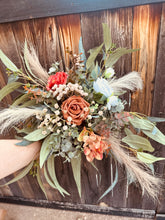 Load image into Gallery viewer, Cascading terracotta white and pampas wedding bouquet | Terracotta pampas bridesmaid bouquets | Dark orange pampas wedding boutonniere |