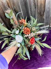 Load image into Gallery viewer, Cascading terracotta white and pampas wedding bouquet | Terracotta pampas bridesmaid bouquets | Dark orange pampas wedding boutonniere |