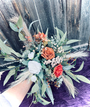 Load image into Gallery viewer, Cascading terracotta white and pampas wedding bouquet | Terracotta pampas bridesmaid bouquets | Dark orange pampas wedding boutonniere |