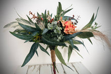 Load image into Gallery viewer, Cascading terracotta white and pampas wedding bouquet | Terracotta pampas bridesmaid bouquets | Dark orange pampas wedding boutonniere |