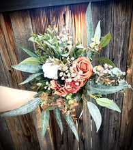 Load image into Gallery viewer, Cascading terracotta white and pampas wedding bouquet | Terracotta pampas bridesmaid bouquets | Dark orange pampas wedding boutonniere |