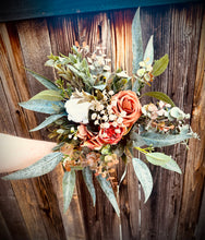 Load image into Gallery viewer, Cascading terracotta white and pampas wedding bouquet | Terracotta pampas bridesmaid bouquets | Dark orange pampas wedding boutonniere |