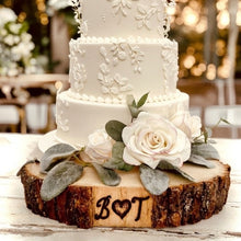 Load image into Gallery viewer, Personalized wood slice | Rustic wedding cake stand with initials or names and date