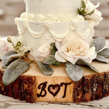 Load image into Gallery viewer, Personalized wood slice | Rustic wedding cake stand with initials or names and date