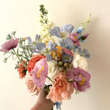 Load image into Gallery viewer, Blue Delphinium and white snapdragon pastel artificial faux bridal bouquet