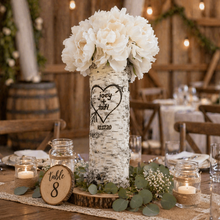 Load image into Gallery viewer, 12, 14 or 15 inch white birch bark personalized vase - Tall rustic wedding centerpiece- Unique engagement vase- Wood burned engraved heart and initials