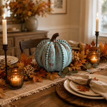 Load image into Gallery viewer, Beaded wood pumpkin fall decor for mantle light blue