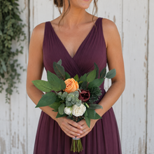 Load image into Gallery viewer, Burgundy, yellow, ficus wedding bouquet | Jewel tone wedding bouquets | Jewel toned bridesmaids bouquets | Yellow wedding boutonniere
