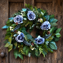 Load image into Gallery viewer, Artificial fall ficus blueberry wreath with dusty blue roses, ruscus and dusty pink pinecones