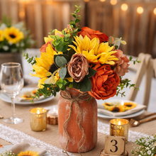 Load image into Gallery viewer, Terracotta painted mason jars - Terracotta themed sunflower wedding table decor -