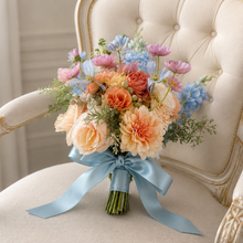 Load image into Gallery viewer, Blue Delphinium and white snapdragon pastel artificial faux bridal bouquet