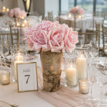Load image into Gallery viewer, Blush roses centerpiece with birch vase rose gold rental