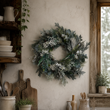 Load image into Gallery viewer, 23 inch Lush winter mix evergreens snowy wreath