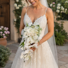 Load image into Gallery viewer, Faux orchid and calla lily cascading bridal bouquet