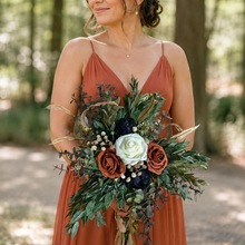 Load image into Gallery viewer, Navy terracotta fall wedding bouquet with babies breath and eucalyptus