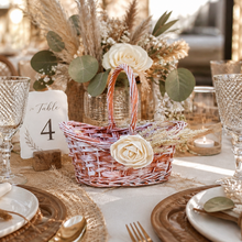 Load image into Gallery viewer, Terracotta burnt orange flower girl basket - Boho flower girl basket with sola wood flowers and pampas grass
