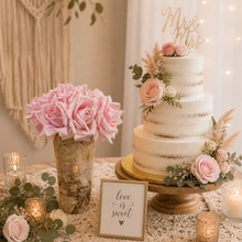 Load image into Gallery viewer, Blush roses centerpiece with birch vase rose gold rental