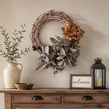 Load image into Gallery viewer, Purple lamb's ear wreath fall- Fall mauve and blue wreath with blueberries and dried peony