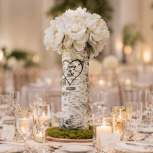 Load image into Gallery viewer, 12, 14 or 15 inch white birch bark personalized vase - Tall rustic wedding centerpiece- Unique engagement vase- Wood burned engraved heart and initials
