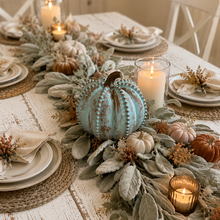 Load image into Gallery viewer, Beaded wood pumpkin fall decor for mantle light blue