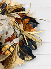 Load image into Gallery viewer, 21 inch wheat and navy magnolia wreath for front door