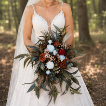 Load image into Gallery viewer, Cascading terracotta white and pampas wedding bouquet | Terracotta pampas bridesmaid bouquets | Dark orange pampas wedding boutonniere |