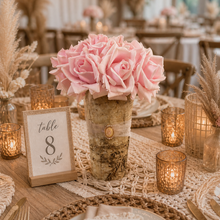 Load image into Gallery viewer, Blush roses centerpiece with birch vase rose gold rental