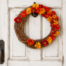 Load image into Gallery viewer, Fall zinnia grapevine wreath for front door - Autumn wreath for outdoors