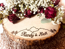 Load image into Gallery viewer, Personalized Mountain wedding thick wood slice wood cake stand