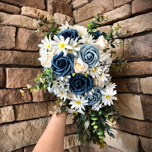 Simple dusty blue cascading bridal bouquet- White dusty slate blue and navy wedding bouquet - Quick to ship bridal bouquet blue