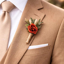 Load image into Gallery viewer, Cascading terracotta white and pampas wedding bouquet | Terracotta pampas bridesmaid bouquets | Dark orange pampas wedding boutonniere |
