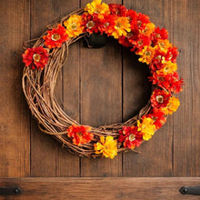 Load image into Gallery viewer, Fall zinnia grapevine wreath for front door - Autumn wreath for outdoors