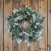 Load image into Gallery viewer, 23 inch Lush winter mix evergreens snowy wreath