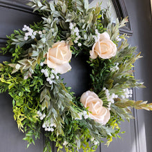 Load image into Gallery viewer, Modern farmhouse greenery wreath | White spring wreath for front door | Real touch rose wreath