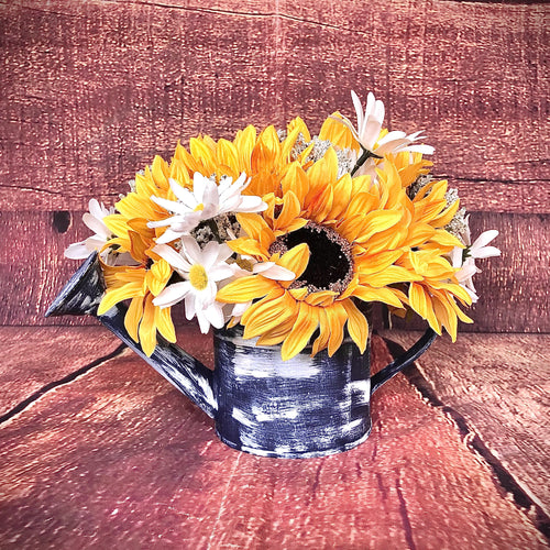 Watering can centerpiece with sunflowers l Navy centerpiece for kitchen sill