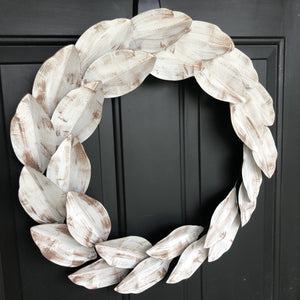 White magnolia wreath for front door or indoors l Stained metal farmhouse wreath