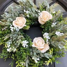 Load image into Gallery viewer, Modern farmhouse greenery wreath | White spring wreath for front door | Real touch rose wreath