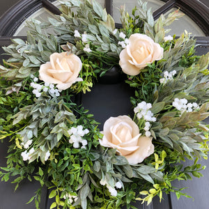 Modern farmhouse greenery wreath | White spring wreath for front door | Real touch rose wreath