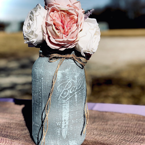 Dusty blue wedding | Blush wedding decor | Half gallon mason jar | Rustic bridal shower center pieces | Rose floral arrangement in vase