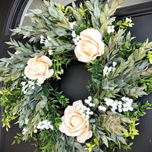 Load image into Gallery viewer, Modern farmhouse greenery wreath | White spring wreath for front door | Real touch rose wreath