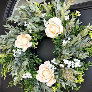 Modern farmhouse greenery wreath | White spring wreath for front door | Real touch rose wreath