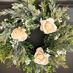 Modern farmhouse greenery wreath | White spring wreath for front door | Real touch rose wreath