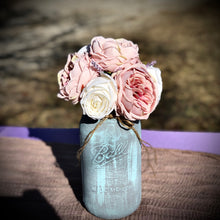Load image into Gallery viewer, Dusty blue wedding | Blush wedding decor | Half gallon mason jar | Rustic bridal shower center pieces | Rose floral arrangement in vase