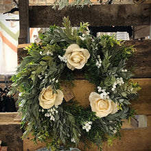 Load image into Gallery viewer, Modern farmhouse greenery wreath | White spring wreath for front door | Real touch rose wreath