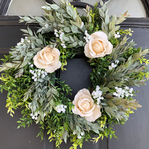 Modern farmhouse greenery wreath | White spring wreath for front door | Real touch rose wreath