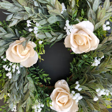 Load image into Gallery viewer, Modern farmhouse greenery wreath | White spring wreath for front door | Real touch rose wreath