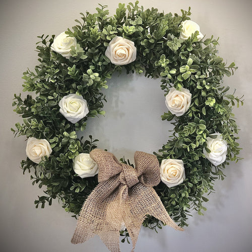 Spring farmhouse wreath for from door -Boxwood wreath with roses