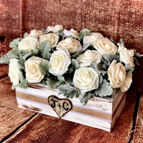 Personalized birch bark box for sweetheart table l Rustic wedding centerpieces l Rustic wedding ideas l Sweetheart table decor