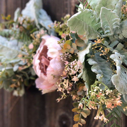 Spring greenery swag with pink peony, eucalyptus and dusty miller