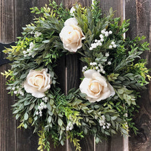 Load image into Gallery viewer, Modern farmhouse greenery wreath | White spring wreath for front door | Real touch rose wreath